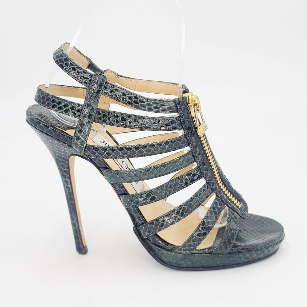 JIMMY CHOO Heels Green ELAPHE Gladiator Snakeskin Caged Sandals Size 36.5